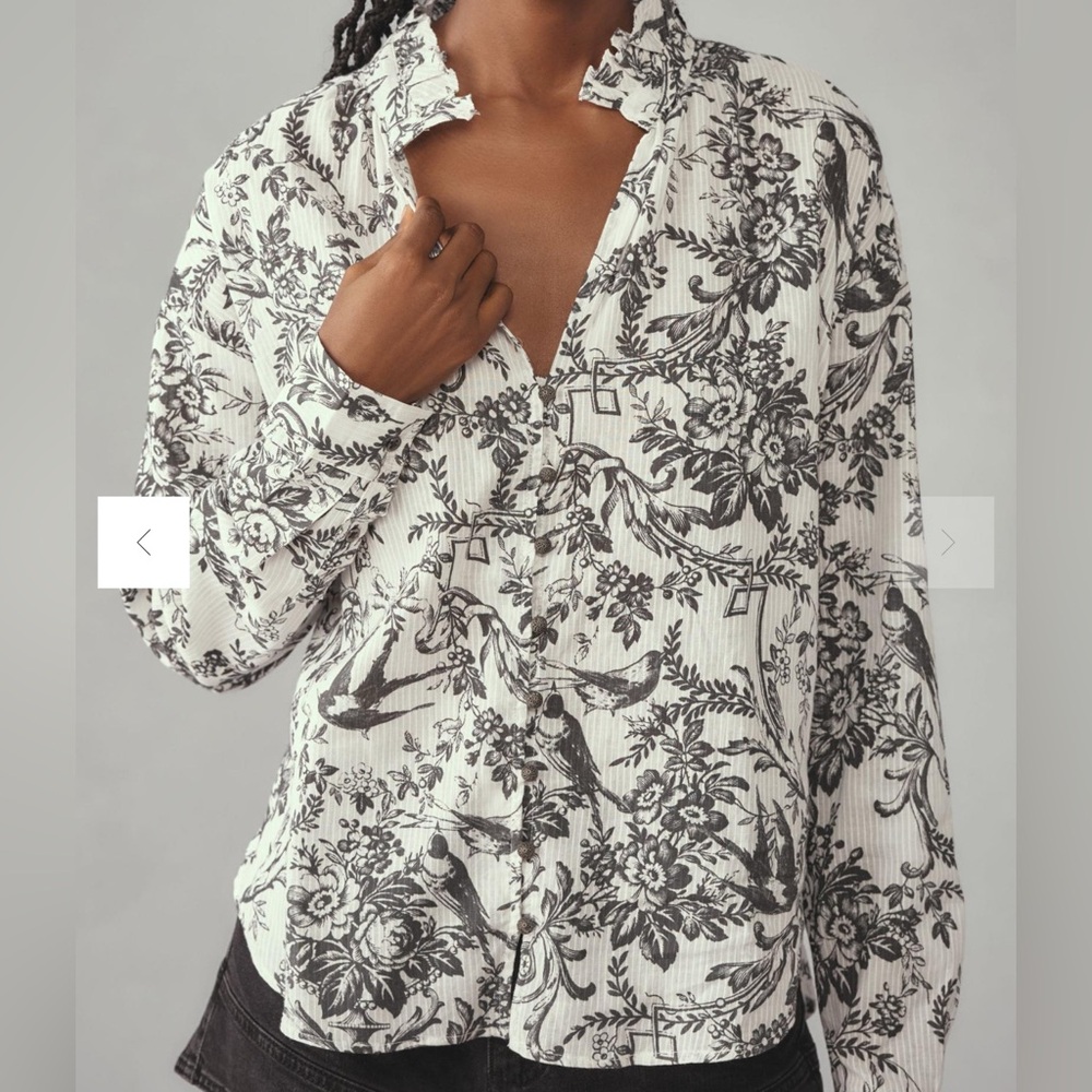 Floral Black and White Women's Top, Grey Anthropologie Blouse, Floral Birds